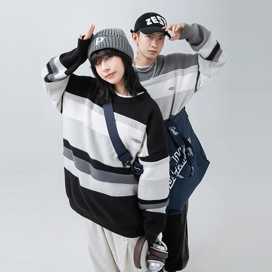 Japanese Style Men's Clothing Vintage Stripe Round Neck Sweater