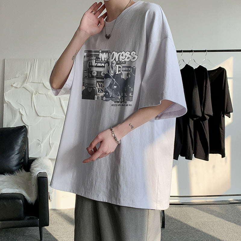 Trendy Brand Large Size Japanese Round Neck Printed Loose Clothes Half Sleeves