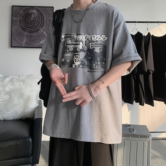 Trendy Brand Large Size Japanese Round Neck Printed Loose Clothes Half Sleeves