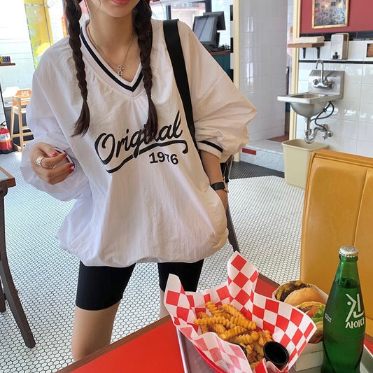 Women's Long Sleeve V-neck Printed Loose Sweatshirt Korean Style