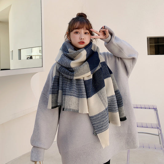 Women's Japanese-style White And Blue Plaid Scarf