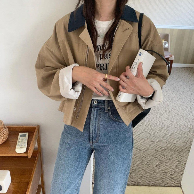 Korean Style Loose Contrast Color Lapels Single-breasted Casual Short Top