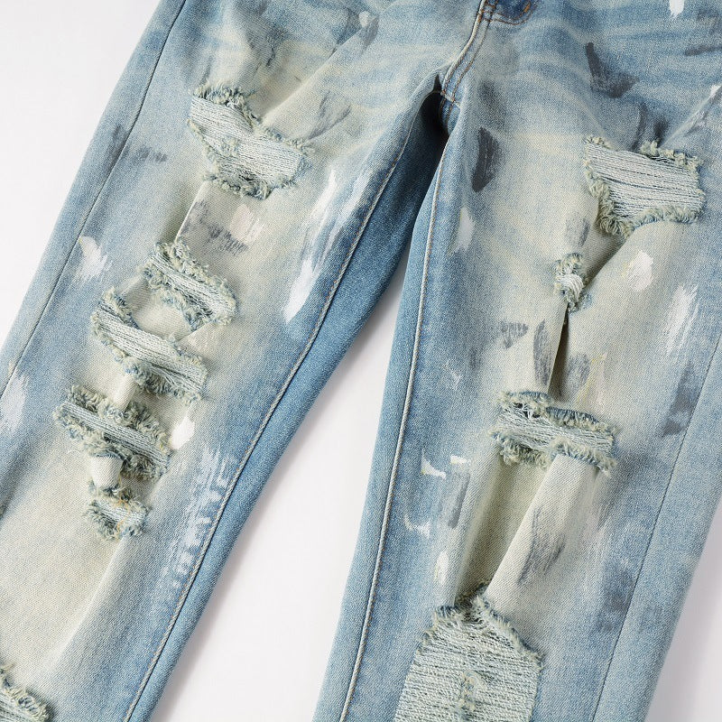 Vintage Paint Broken Holes Pants Men's Jeans