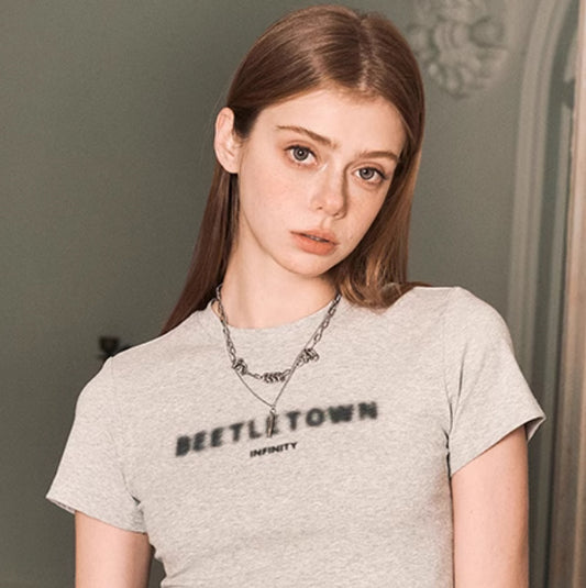 Fuzzy Letter Slim Fit Short T-shirt For Women