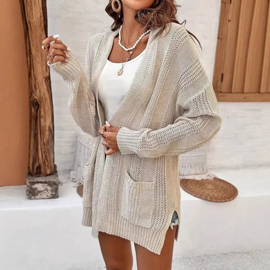 Hollow Long Sleeve Knitted Plus Size Women's Cardigan