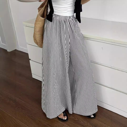 Leisure Striped Elastic Waist Wide-leg Draggle-tail Trousers