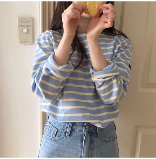 Korean Style Striped T-shirt Women's Long-sleeved Loose Inner Wear Bottoming Shirt Versatile Top