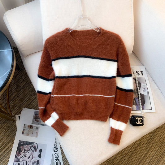 Mera Sweater Korean Casual Loose Contrast Color Striped Short Style