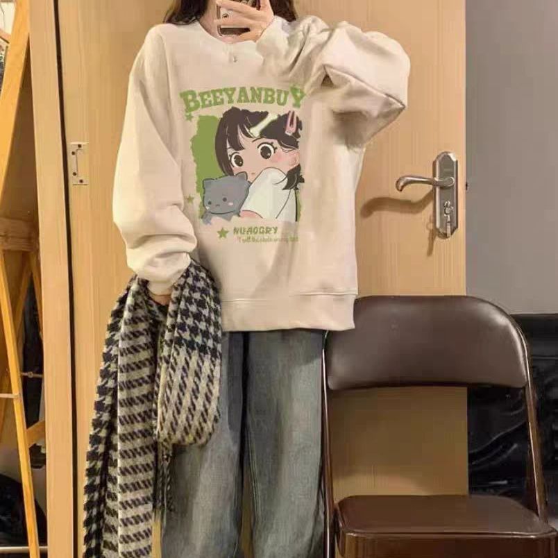 New Autumn And Winter Long-sleeved Sweater Women's Korean-style Fleece-lined Idle Style Round Neck Cartoon Printing