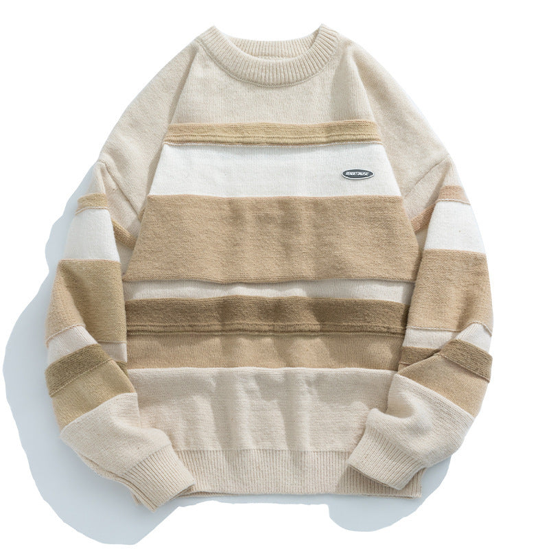 Japanese Style Men's Clothing Vintage Stripe Round Neck Sweater