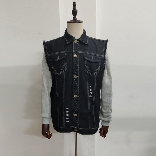 Casual Men's Clothing Denim Jacket Sleeveless Turn-down Collar Coat