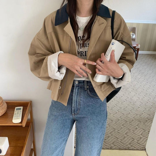 Korean Style Loose Contrast Color Lapels Single-breasted Casual Short Top