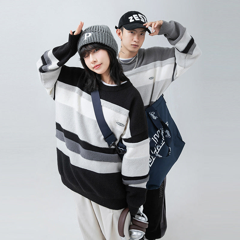 Japanese Style Men's Clothing Vintage Stripe Round Neck Sweater