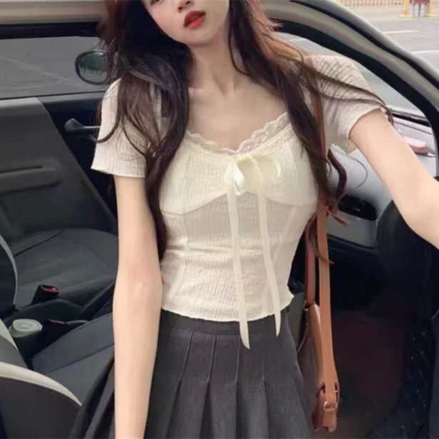 Lace Lace Square Collar Korean-style Short-sleeved T-shirt