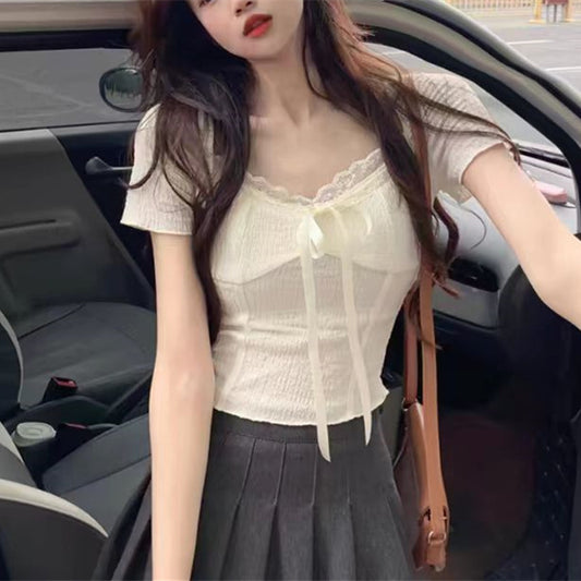 Lace Lace Square Collar Korean-style Short-sleeved T-shirt