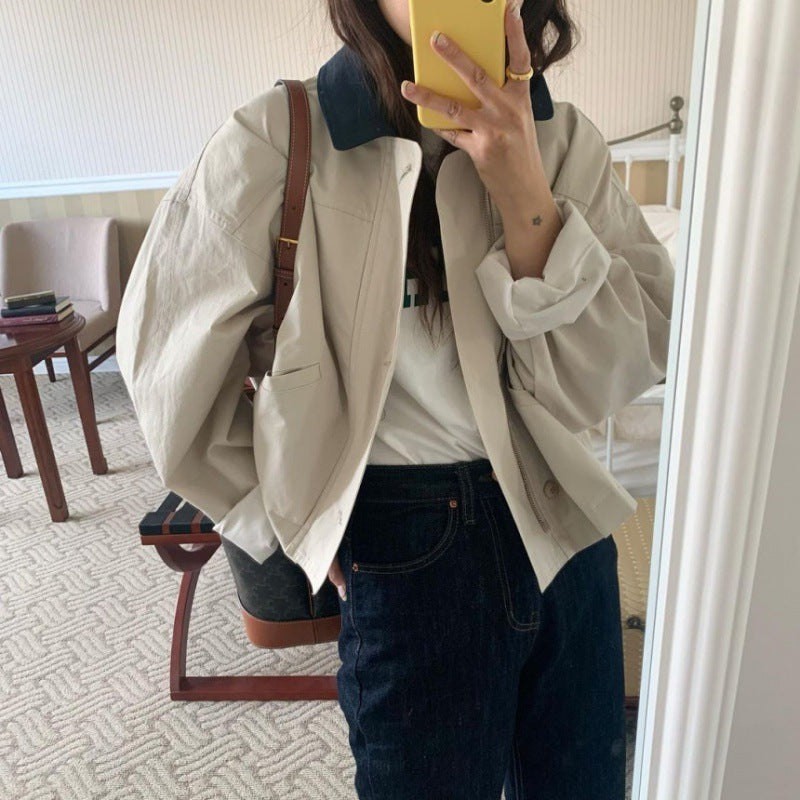 Korean Style Loose Contrast Color Lapels Single-breasted Casual Short Top