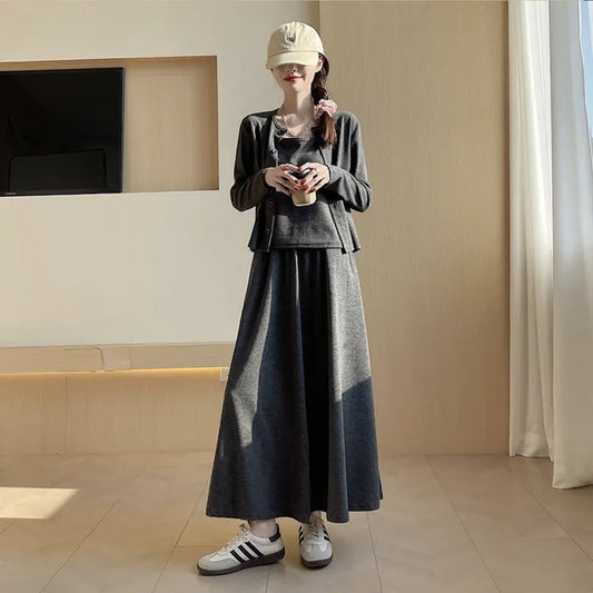 Glutinous Rice Three-piece Korean-style Elegant Knitted Cardigan Sling Skirt