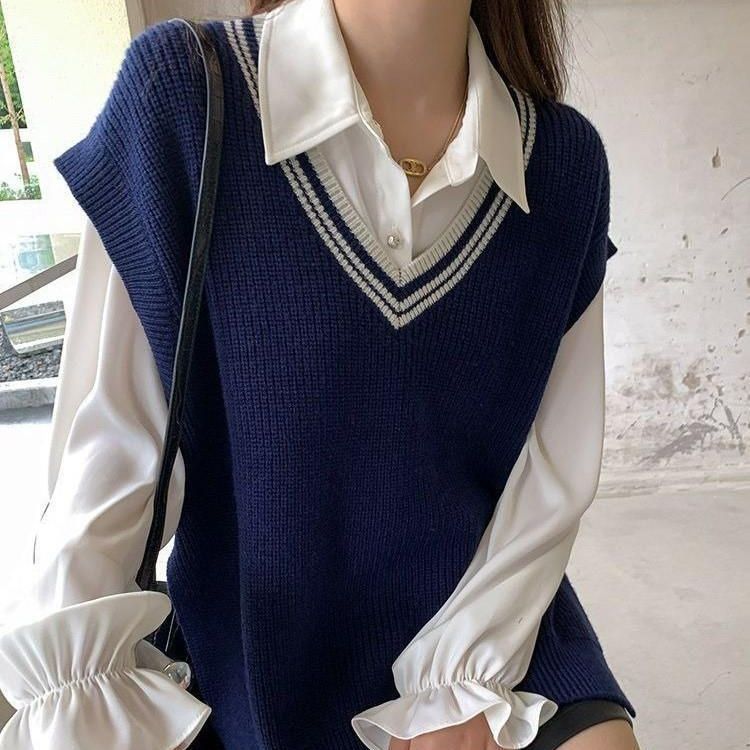 College Jk Style Contrast Color V-neck Knitted Vest Outer Wear Korean Style