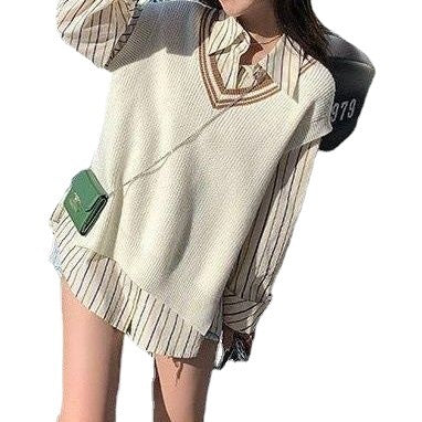 College Jk Style Contrast Color V-neck Knitted Vest Outer Wear Korean Style
