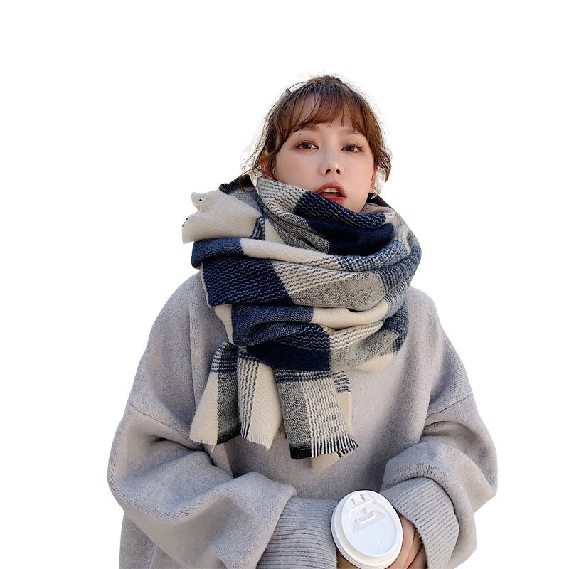 Women's Japanese-style White And Blue Plaid Scarf