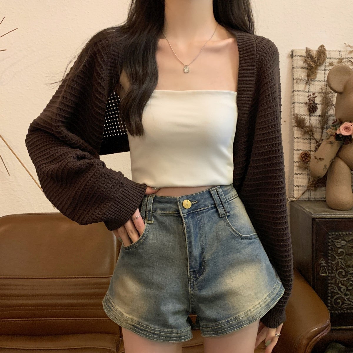 Korean Style Fashion Loose Hollow-out Short Top