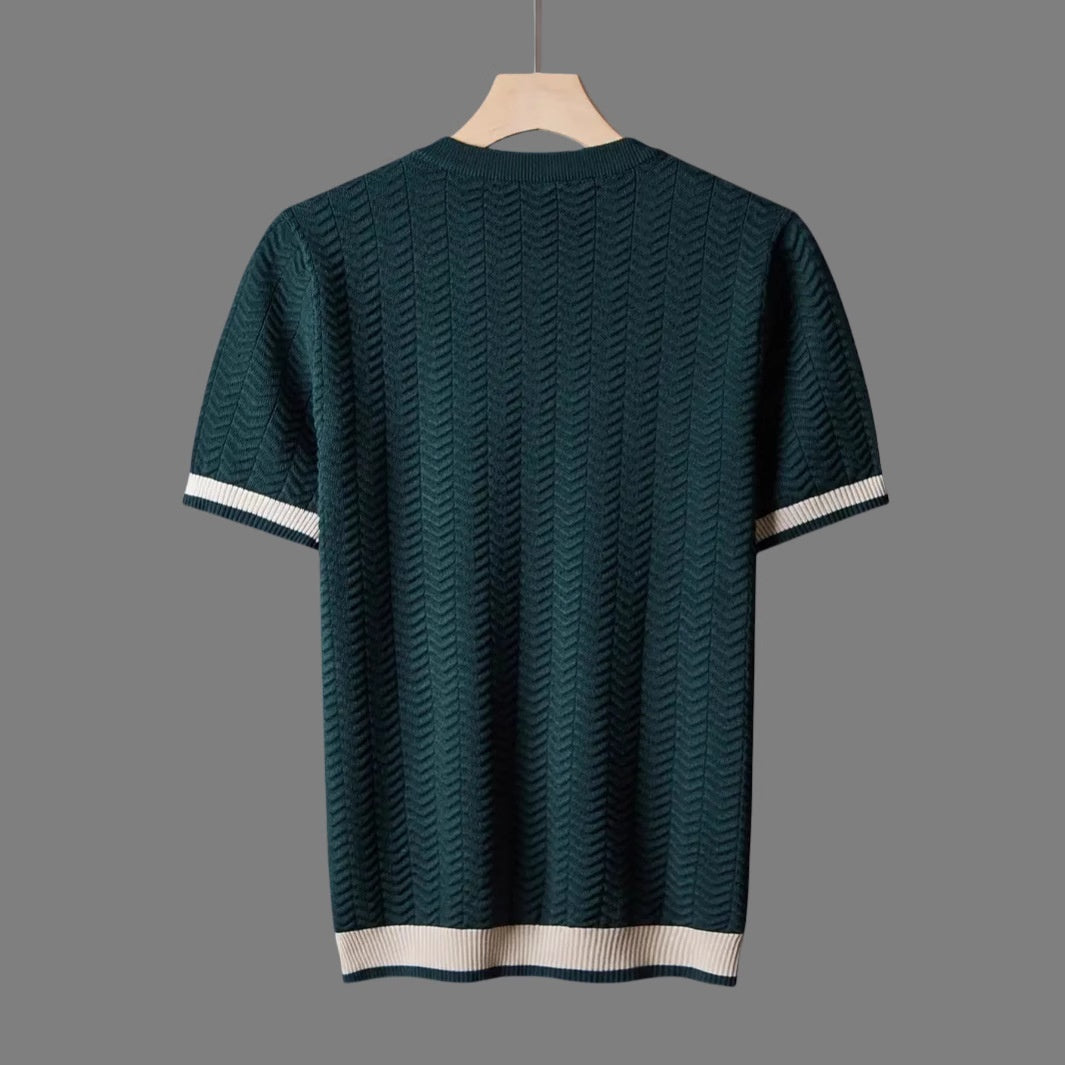 Men's Round Neck Contrast Color Jacquard Texture Slim-fit Short Sleeve