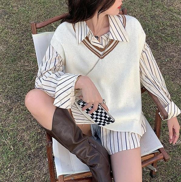 College Jk Style Contrast Color V-neck Knitted Vest Outer Wear Korean Style