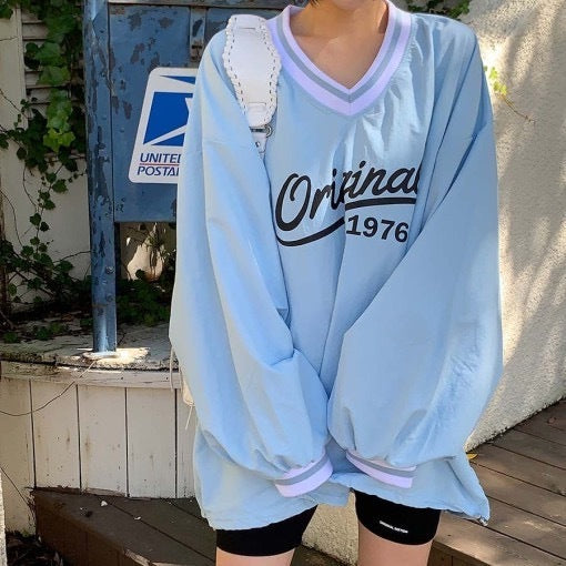 Women's Long Sleeve V-neck Printed Loose Sweatshirt Korean Style