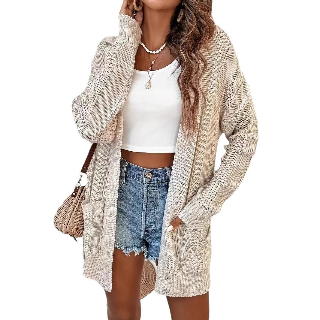 Hollow Long Sleeve Knitted Plus Size Women's Cardigan