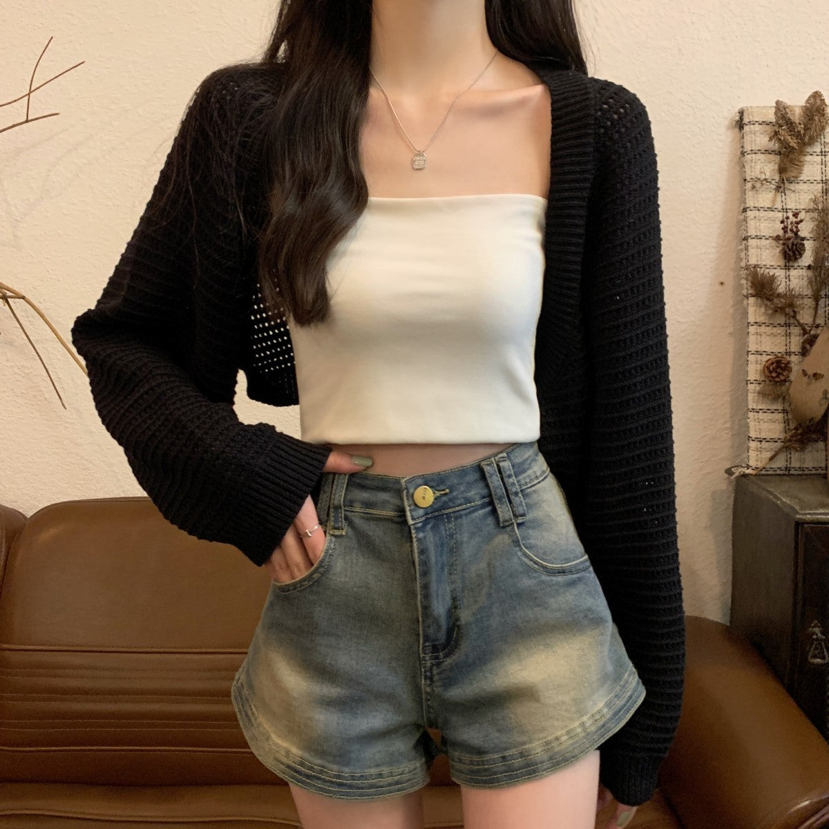 Korean Style Fashion Loose Hollow-out Short Top
