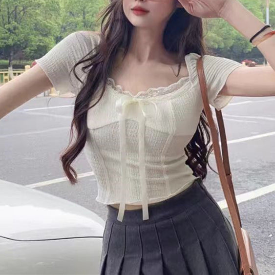 Lace Lace Square Collar Korean-style Short-sleeved T-shirt