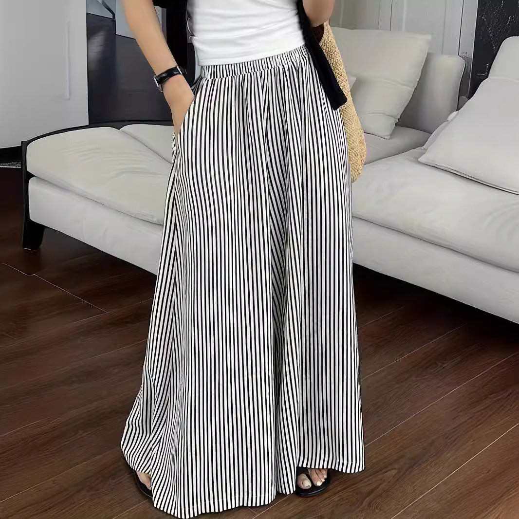 Leisure Striped Elastic Waist Wide-leg Draggle-tail Trousers