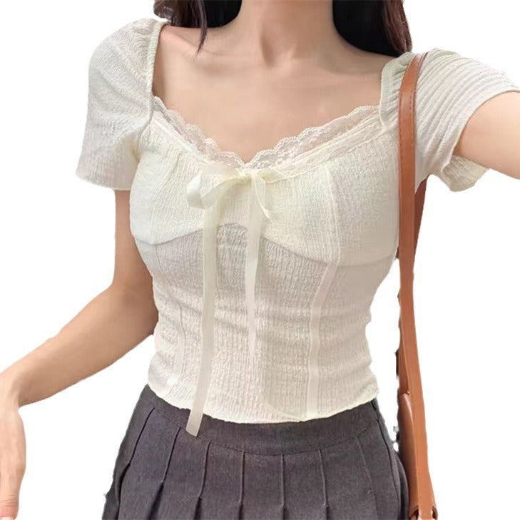 Lace Lace Square Collar Korean-style Short-sleeved T-shirt