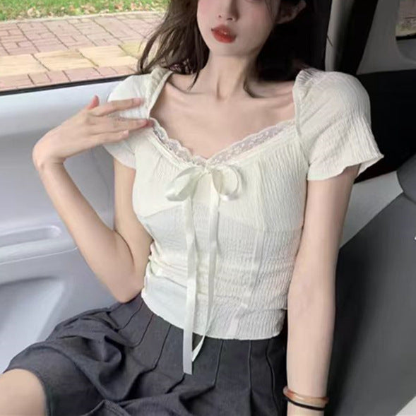 Lace Lace Square Collar Korean-style Short-sleeved T-shirt