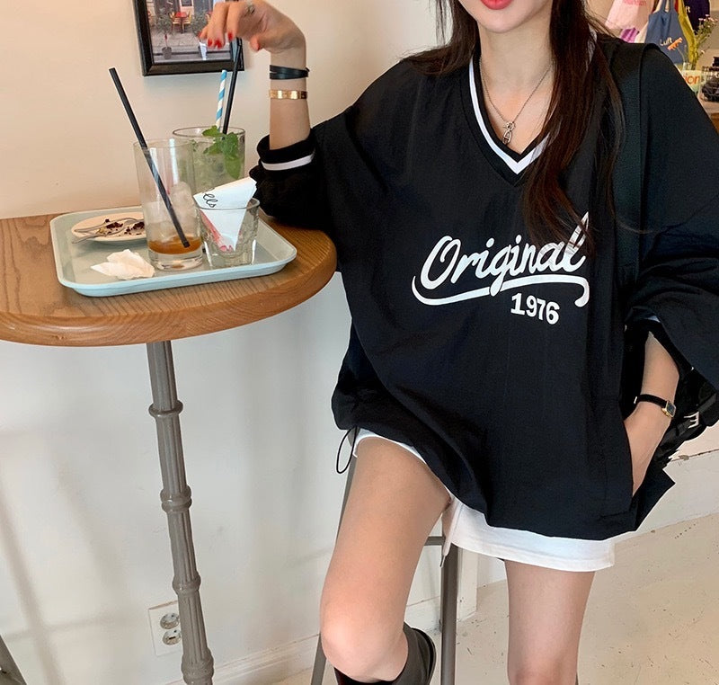 Women's Long Sleeve V-neck Printed Loose Sweatshirt Korean Style