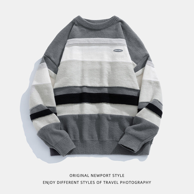 Japanese Style Men's Clothing Vintage Stripe Round Neck Sweater
