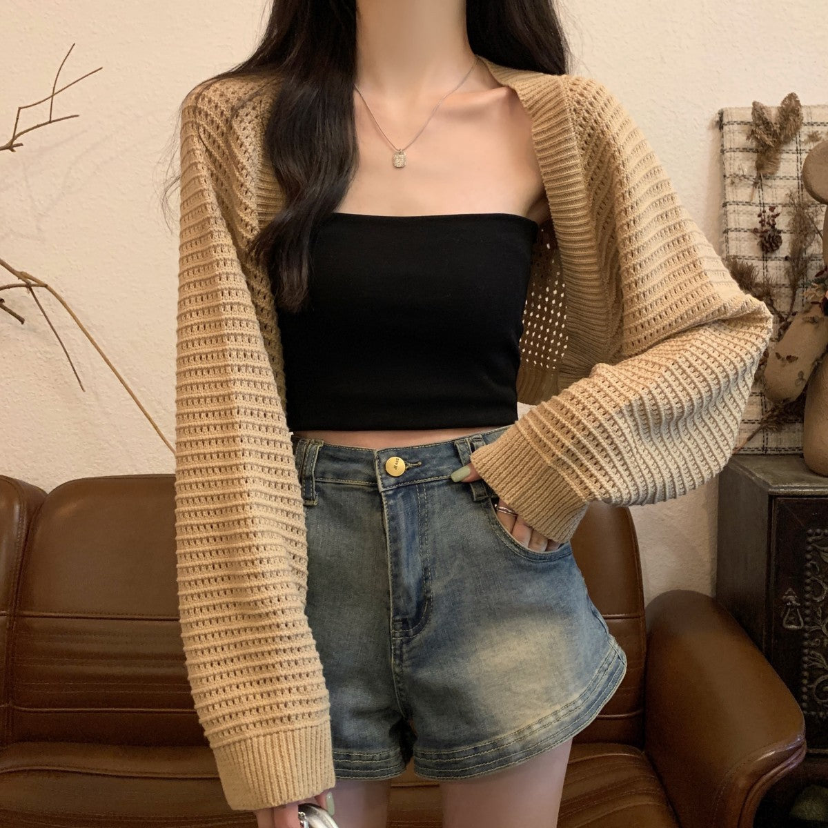 Korean Style Fashion Loose Hollow-out Short Top