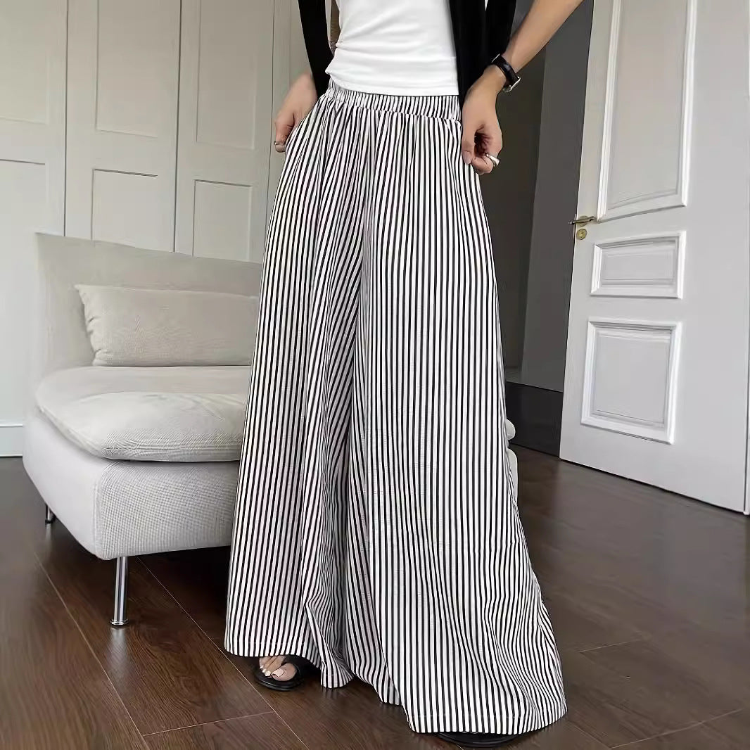 Leisure Striped Elastic Waist Wide-leg Draggle-tail Trousers
