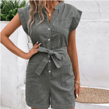 Hot Summer Leisure Commute Jumpsuit Pinstripe Short Sleeve One-piece Shorts