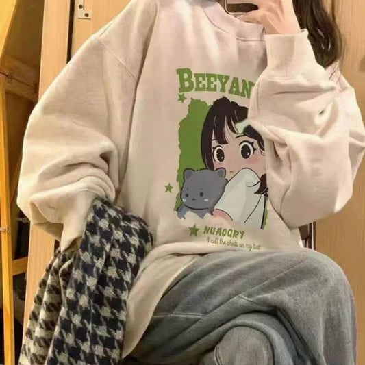 New Autumn And Winter Long-sleeved Sweater Women's Korean-style Fleece-lined Idle Style Round Neck Cartoon Printing
