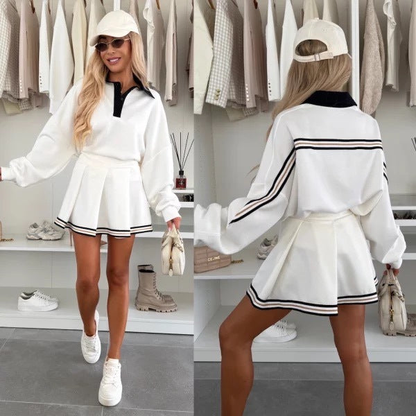 Lapel Sweater Skirt Outfit Women