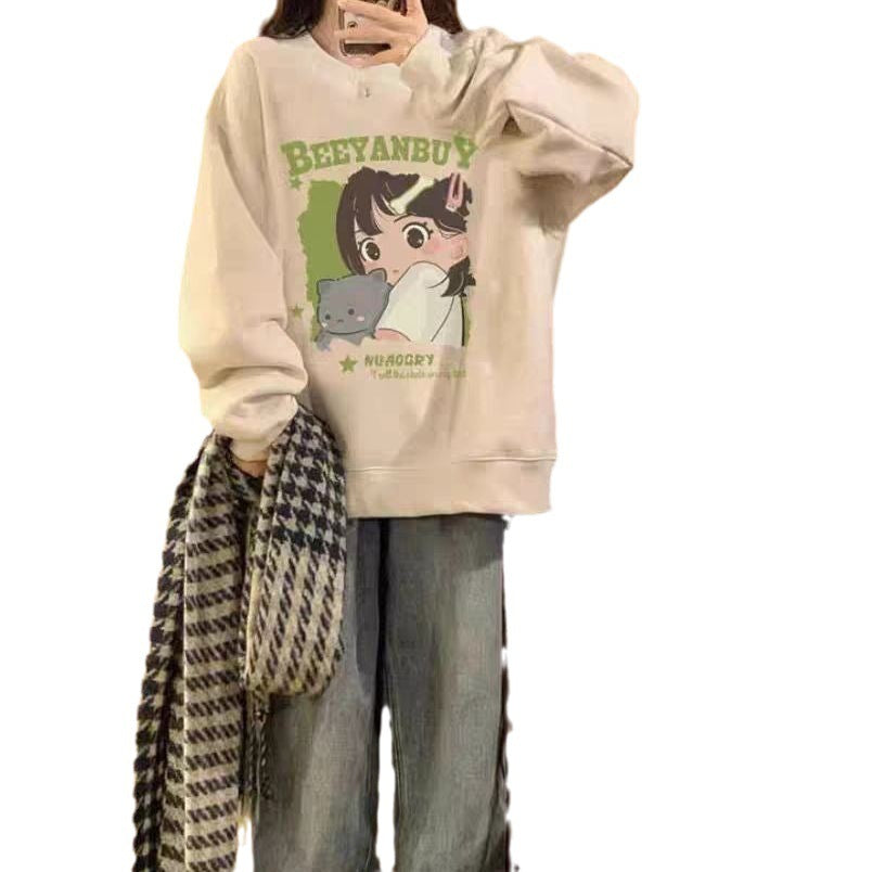 New Autumn And Winter Long-sleeved Sweater Women's Korean-style Fleece-lined Idle Style Round Neck Cartoon Printing