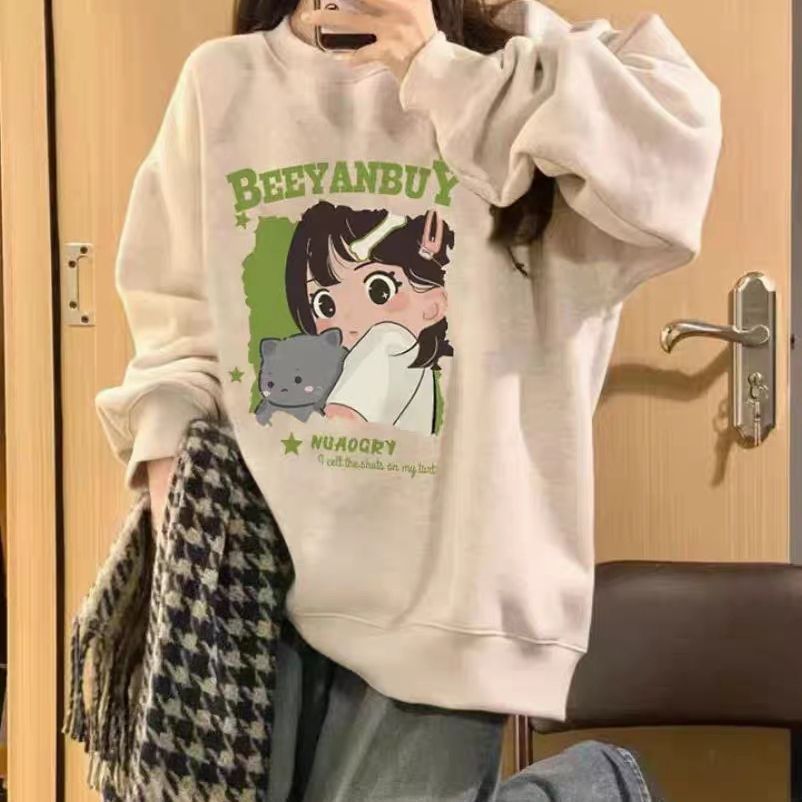 New Autumn And Winter Long-sleeved Sweater Women's Korean-style Fleece-lined Idle Style Round Neck Cartoon Printing