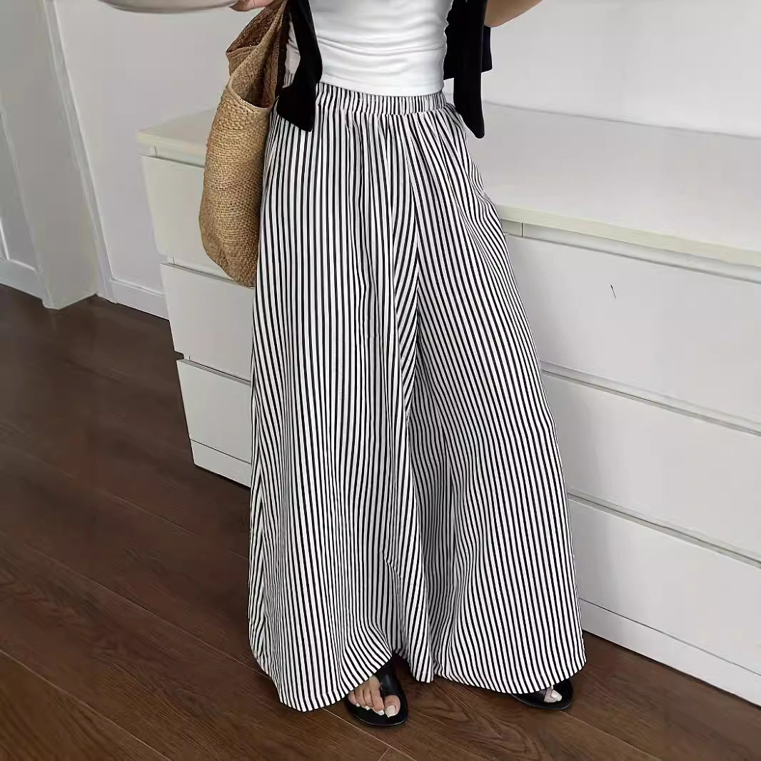 Leisure Striped Elastic Waist Wide-leg Draggle-tail Trousers