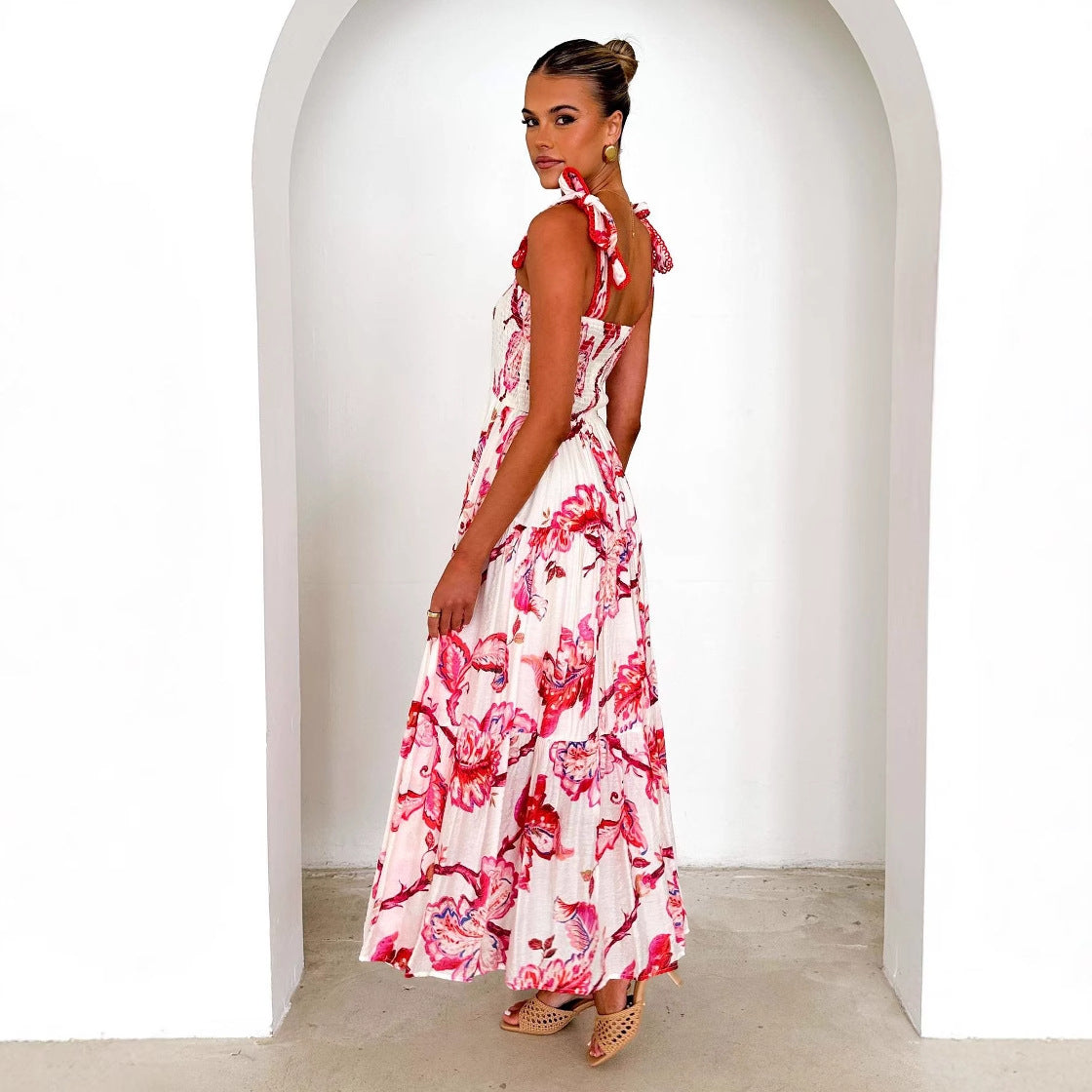 Women's Sling Smocking Elastic Waist Shoulder Strap Dress