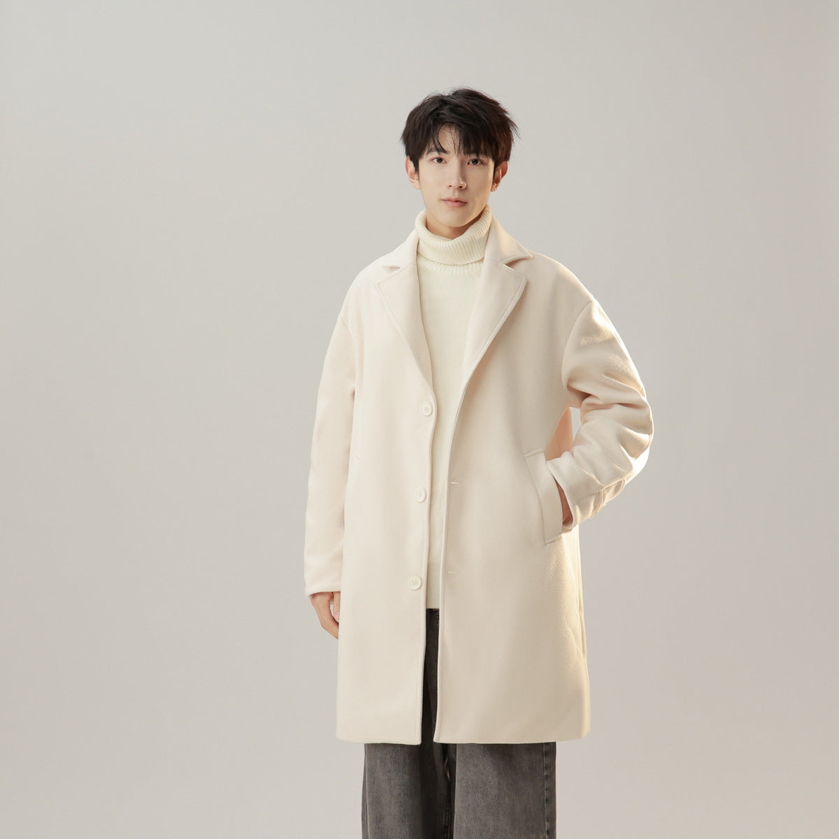 Korean Style Woolen Coat Long Lapel Fashion Solid Color