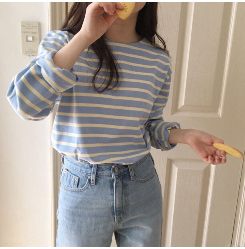 Korean Style Striped T-shirt Women's Long-sleeved Loose Inner Wear Bottoming Shirt Versatile Top