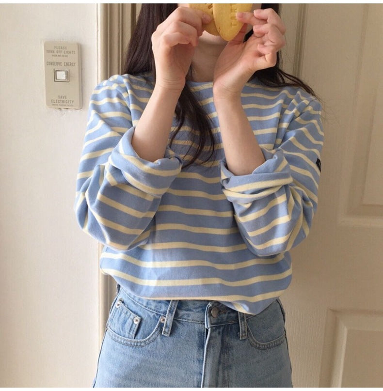 Korean Style Striped T-shirt Women's Long-sleeved Loose Inner Wear Bottoming Shirt Versatile Top