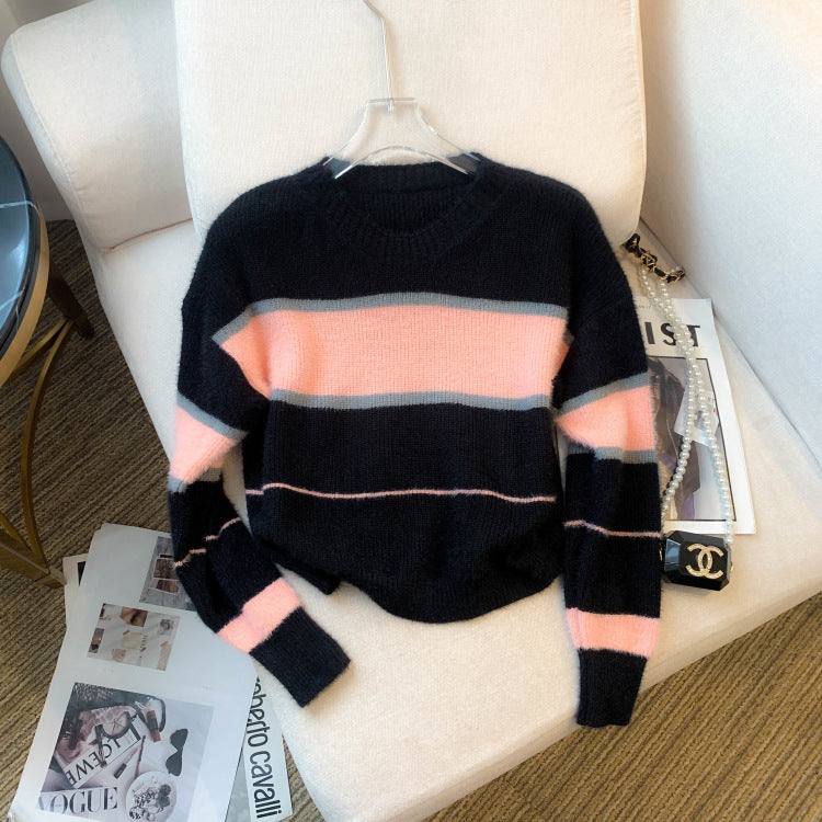 Mera Sweater Korean Casual Loose Contrast Color Striped Short Style
