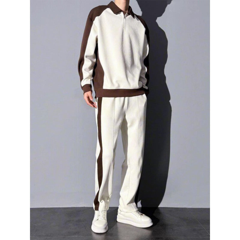Men's Contrast Color Korean Design Sense Casual Sweatshirt Trousers Suit